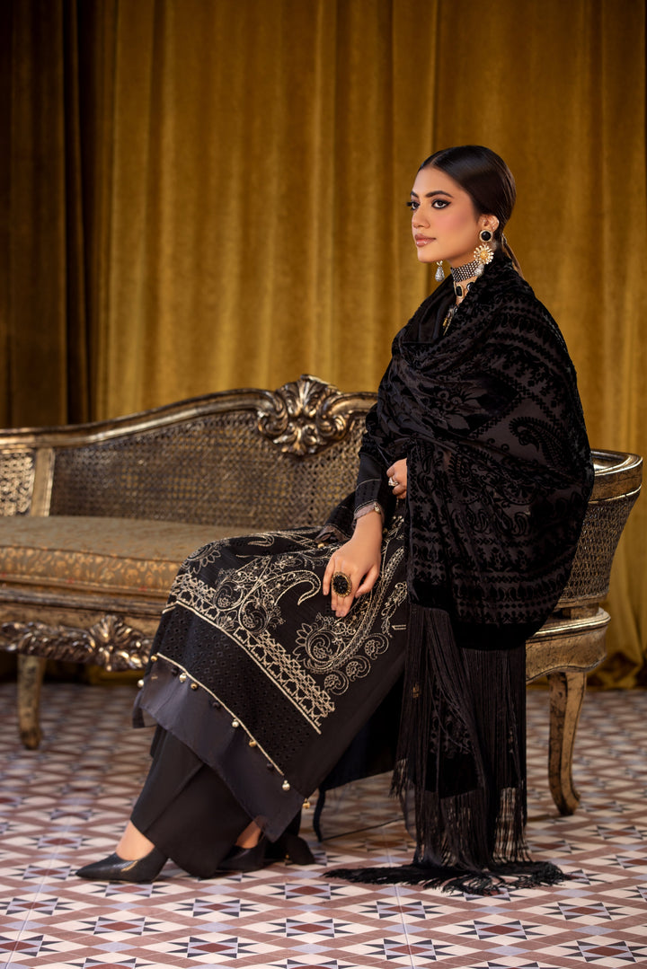 Embroidered Wool Black Stitched Suit - Lala Brocade Vol I