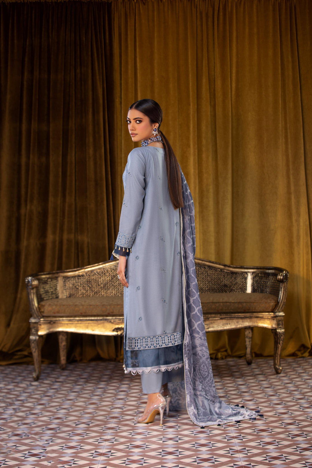 Embroidered Wool Grey Stitched Suit - Lala Brocade Vol I