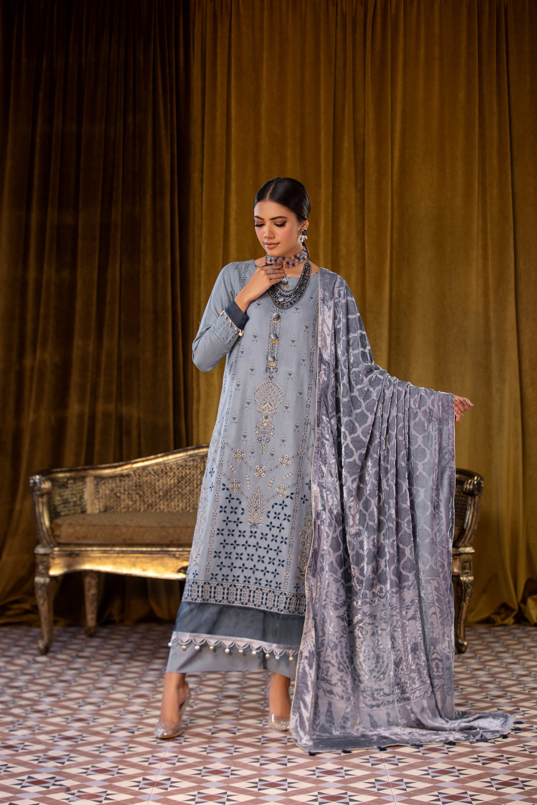 Embroidered Wool Grey Stitched Suit - Lala Brocade Vol I