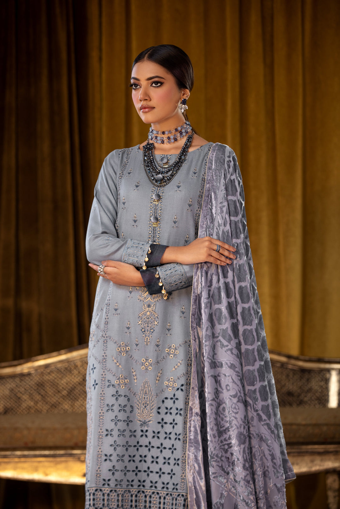 Embroidered Wool Grey Stitched Suit - Lala Brocade Vol I