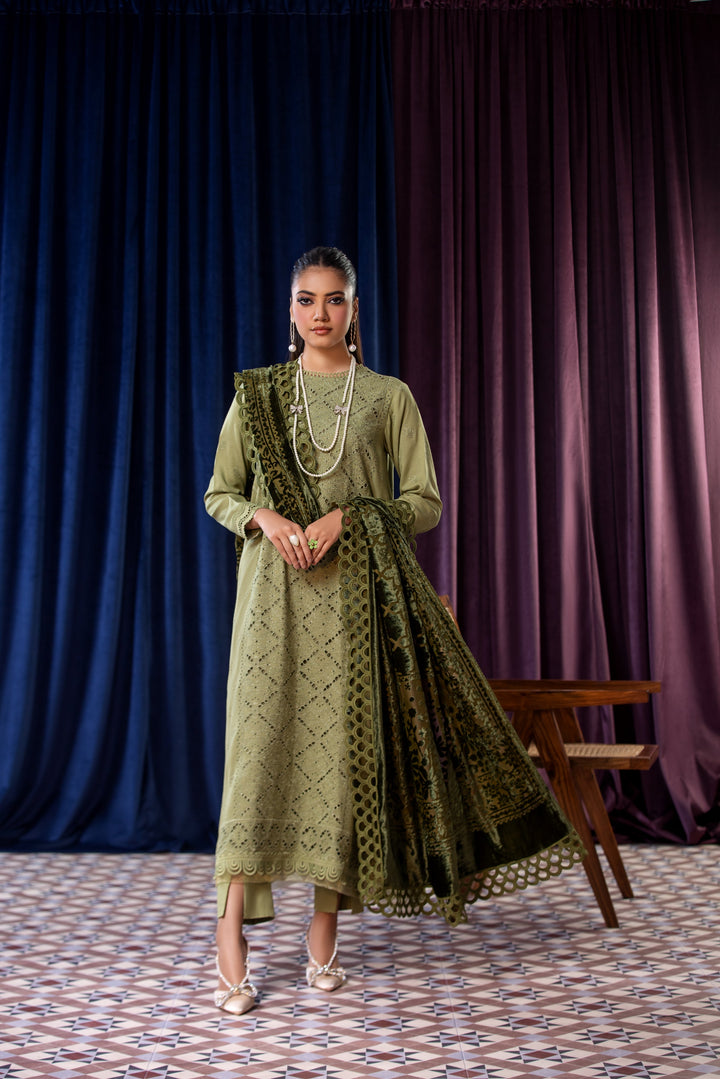 Embroidered Wool Sage Stitched Suit - Lala Brocade Vol I