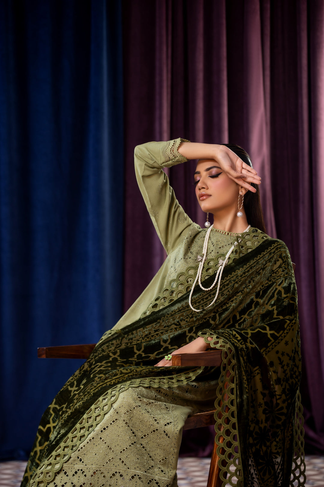 Embroidered Wool Sage Stitched Suit - Lala Brocade Vol I