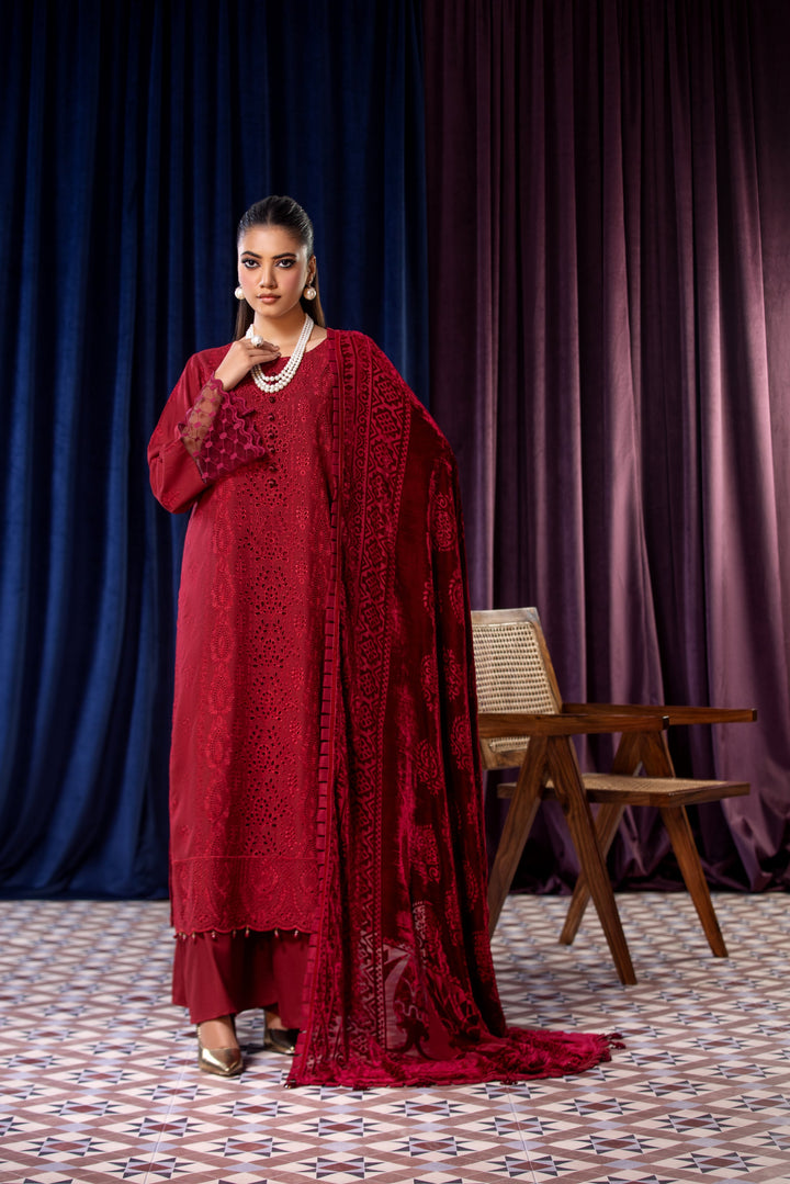 Embroidered Wool Red Stitched Suit - Lala Brocade Vol I
