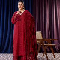 Embroidered Wool Red Stitched Suit - Lala Brocade Vol I