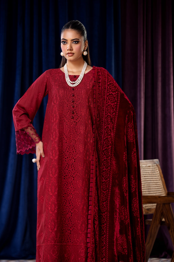 Embroidered Wool Red Stitched Suit - Lala Brocade Vol I