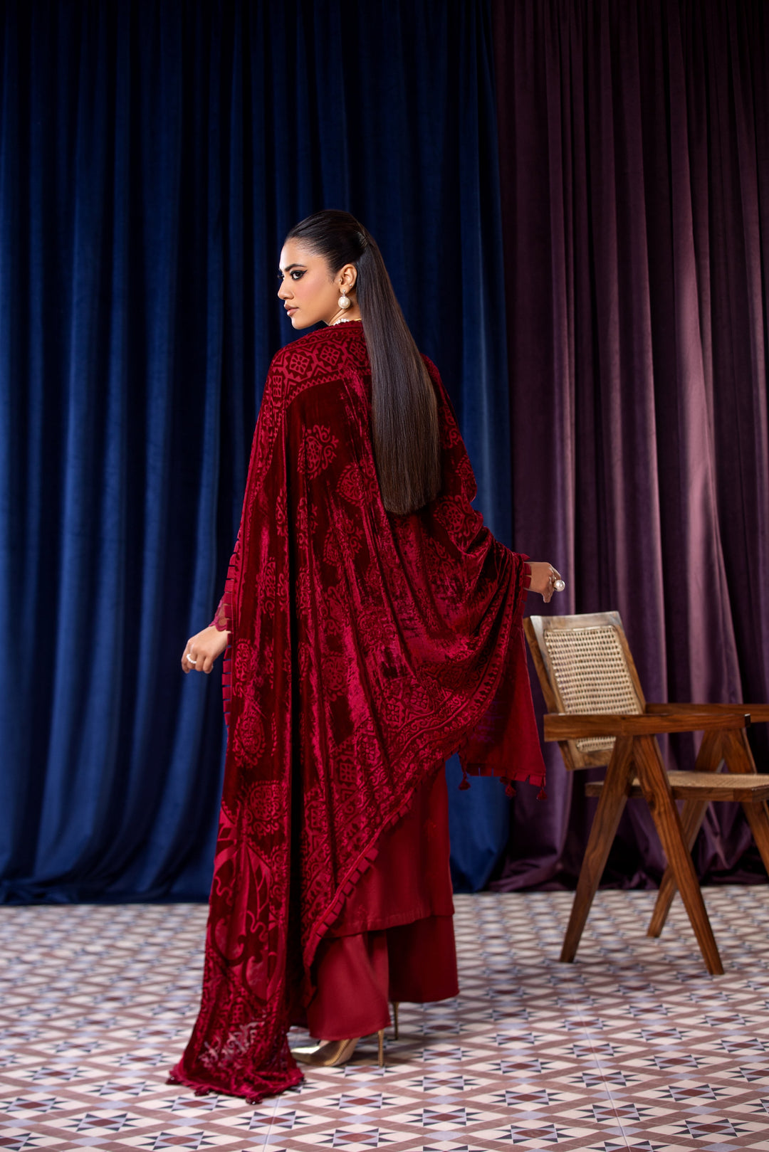 Embroidered Wool Red Stitched Suit - Lala Brocade Vol I