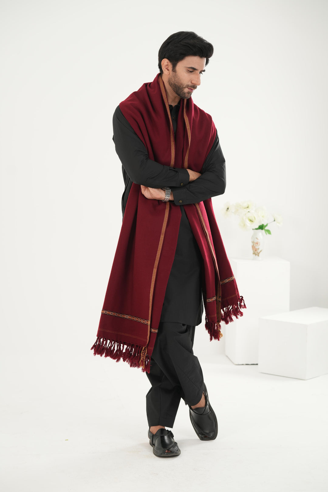 Premium Maroon Dhussa Wool Shawl - Jiah