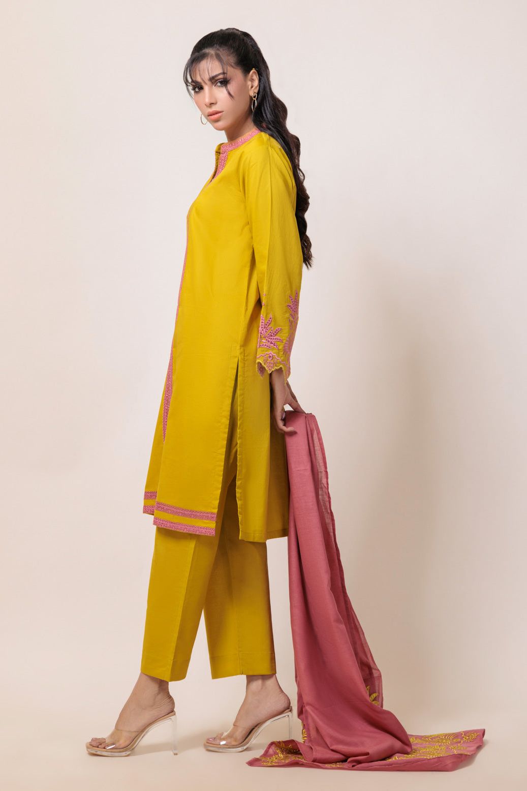 Dyed Cambric Schiffli Dhani Stitched Suit - Bonanza