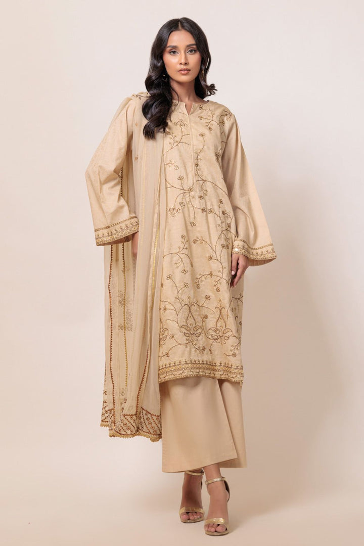 Dyed Embroidered Self Jacquard Beige Stitched Suit - Bonanza