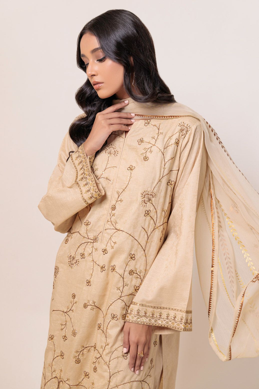 Dyed Embroidered Self Jacquard Beige Stitched Suit - Bonanza