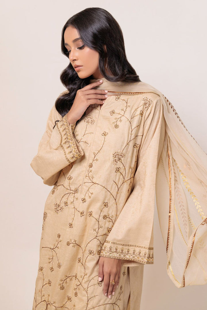 Dyed Embroidered Self Jacquard Beige Stitched Suit - Bonanza