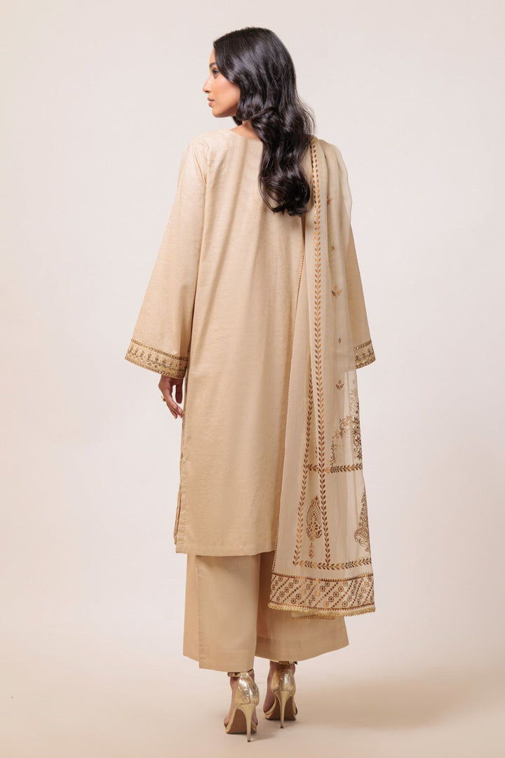 Dyed Embroidered Self Jacquard Beige Stitched Suit - Bonanza