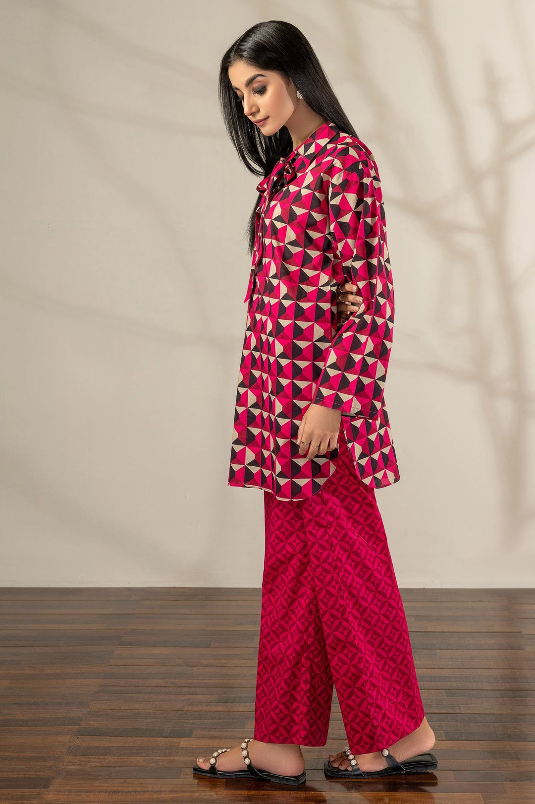 Lawn Red Stitched Suit - Limelight