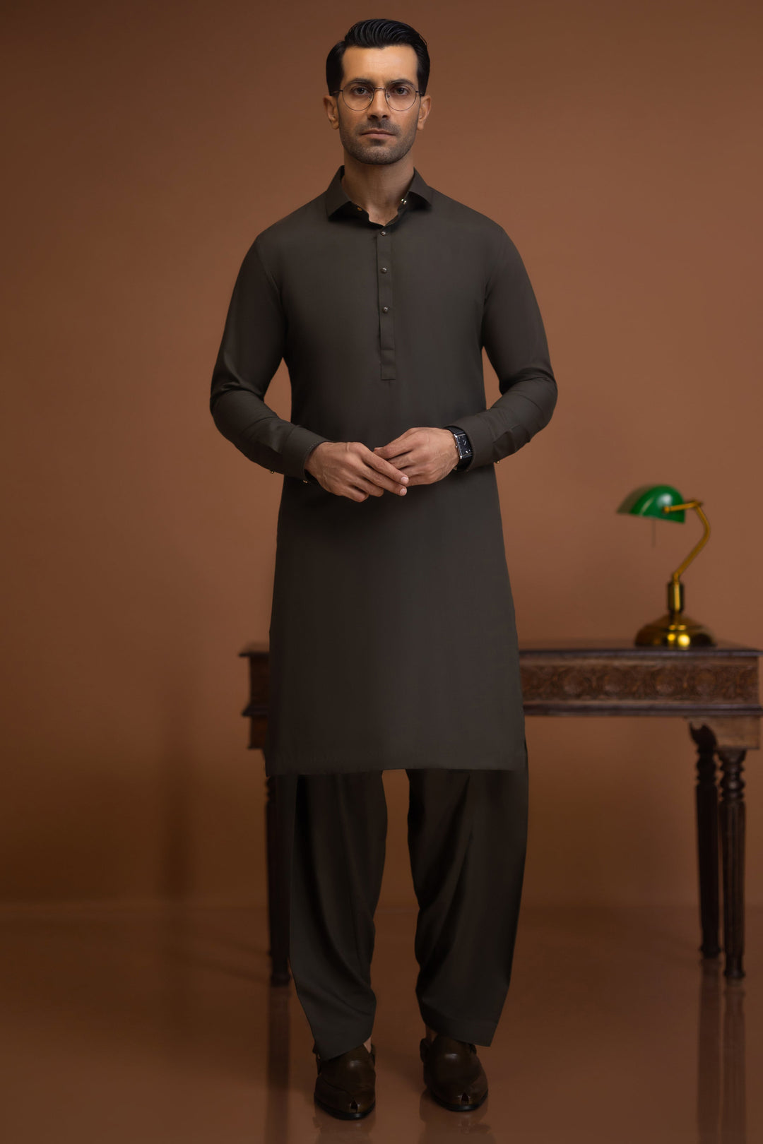 Blended Dark Olive Shalwar Kameez - J. Junaid Jamshed