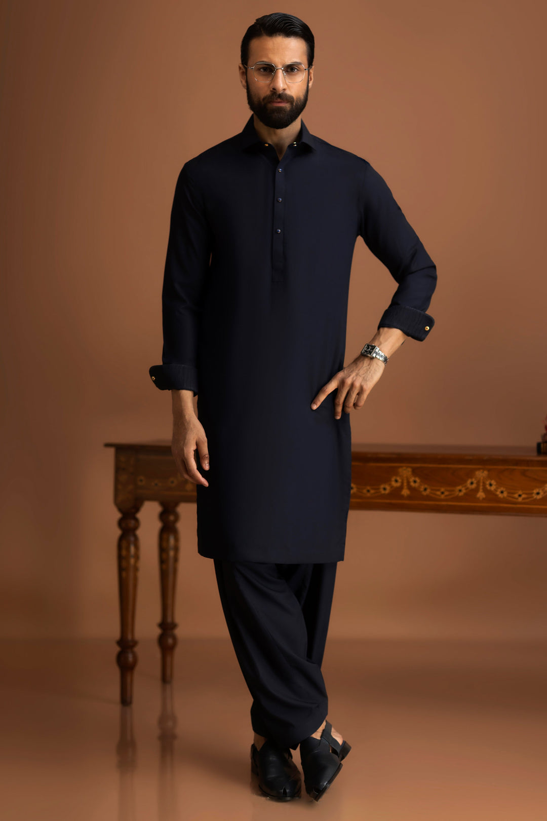 Blended Navy Shalwar Kameez - J. Junaid Jamshed