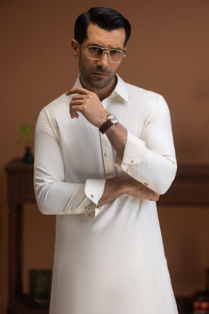 Blended Cream Shalwar Kameez - J. Junaid Jamshed