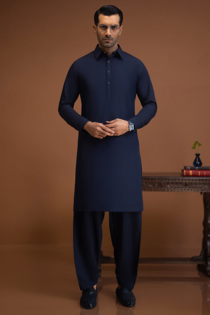Blended Navy Shalwar Kameez - J. Junaid Jamshed