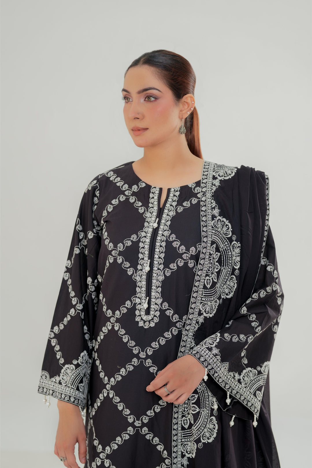 Charcoal Charm - Cross Stitch Embroidered Lawn Stitched