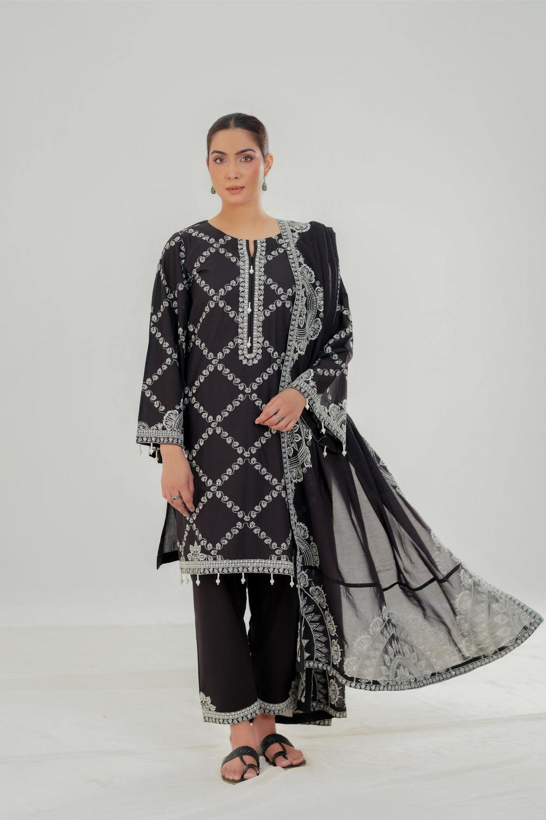 Charcoal Charm - Cross Stitch Embroidered Lawn Stitched