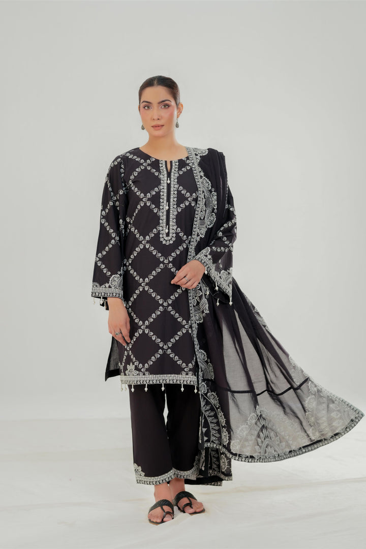 Charcoal Charm - Cross Stitch Embroidered Lawn Stitched