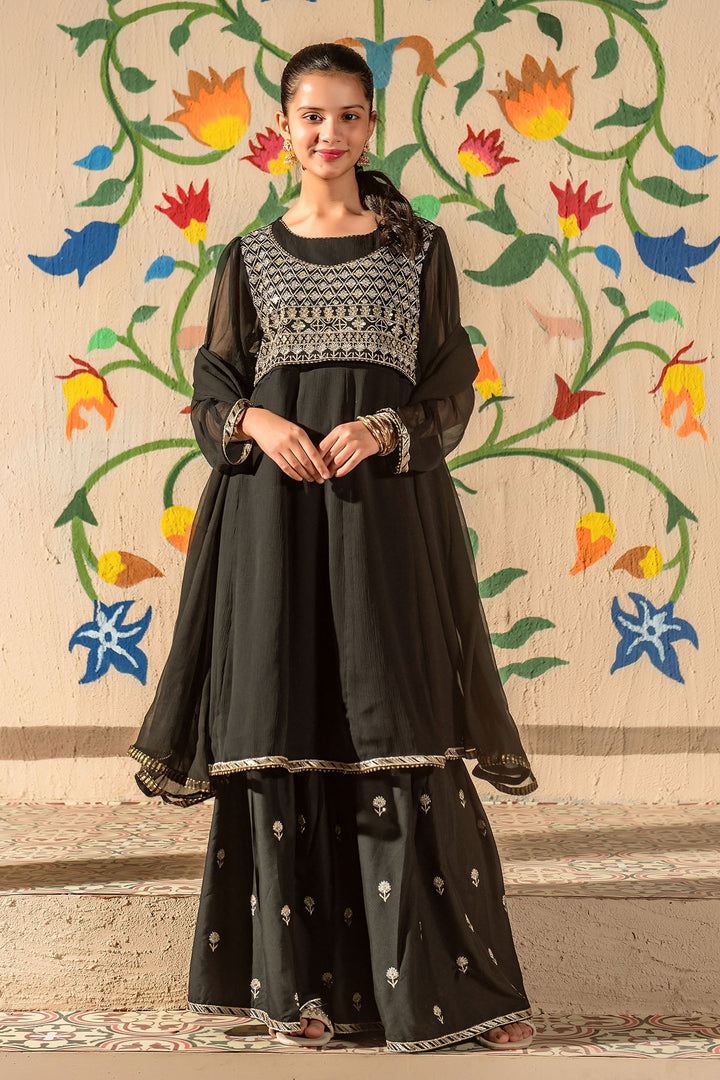 Chiffon Embroidered Black Stitched Suit - Ochre
