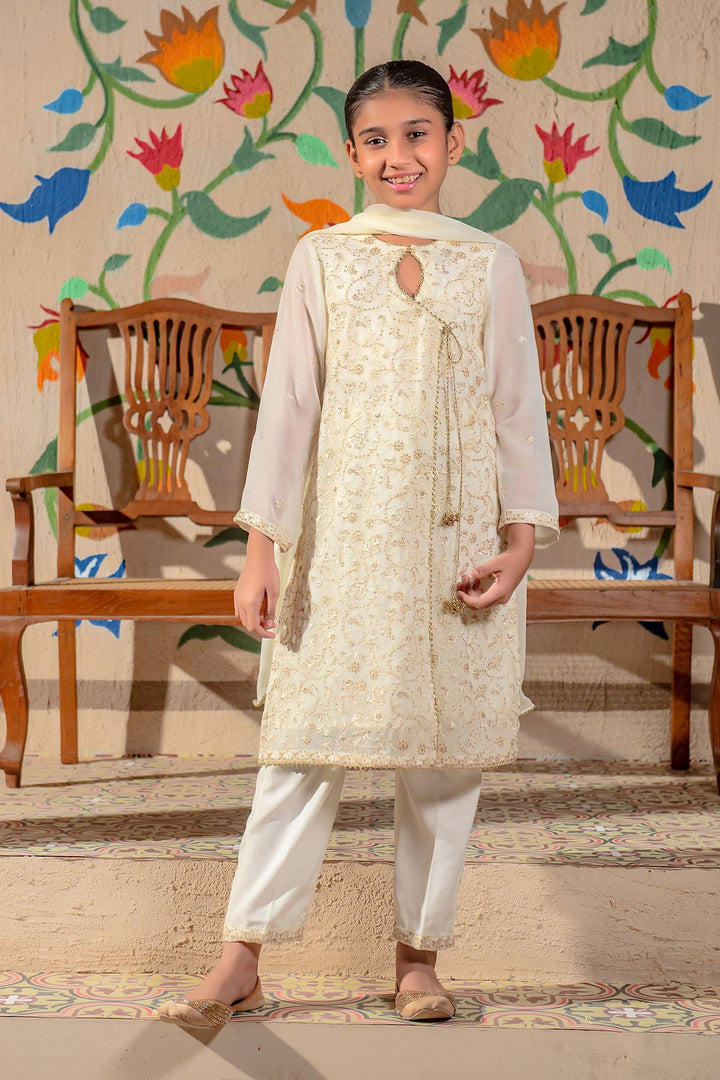 Chiffon Embroidered Off White Stitched Suit - Ochre