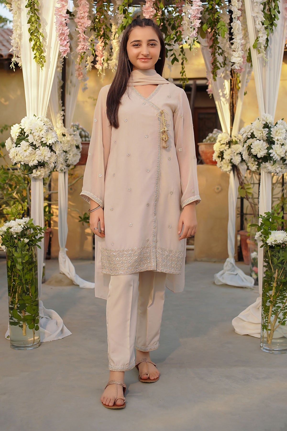 Chiffon Embroidered Beige Stitched Suit - Ochre