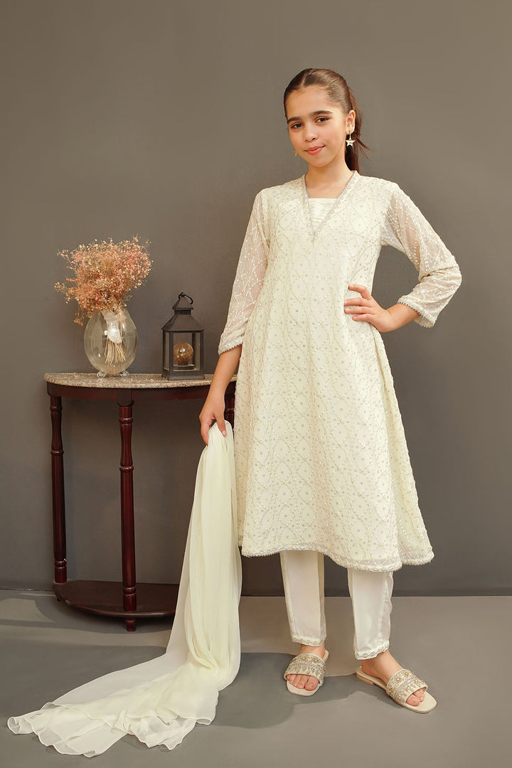 Chiffon Embroidered Off White Stitched Suit - Ochre