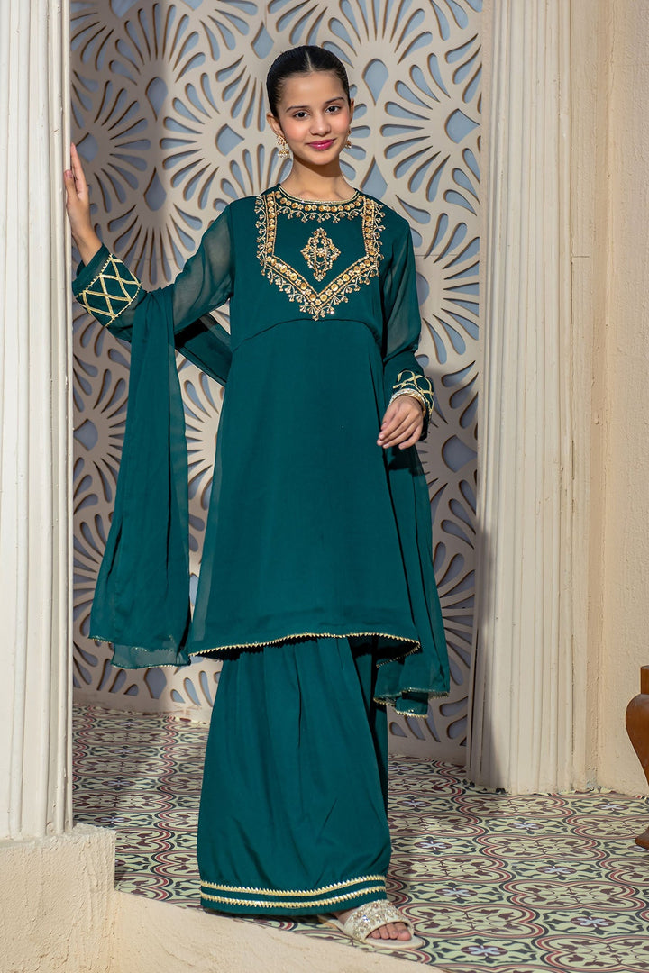 Chiffon Hand Adda Work Dark Green Stitched Suit - Ochre