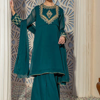 Chiffon Hand Adda Work Dark Green Stitched Suit - Ochre