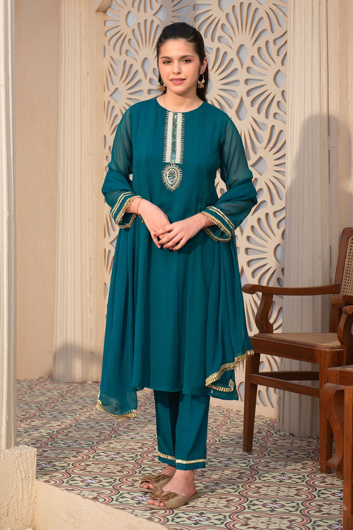 Chiffon Hand Adda Work Emerald Green Stitched Suit - Ochre