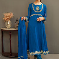 Chiffon Hand Adda Work Blue Stitched Suit - Ochre