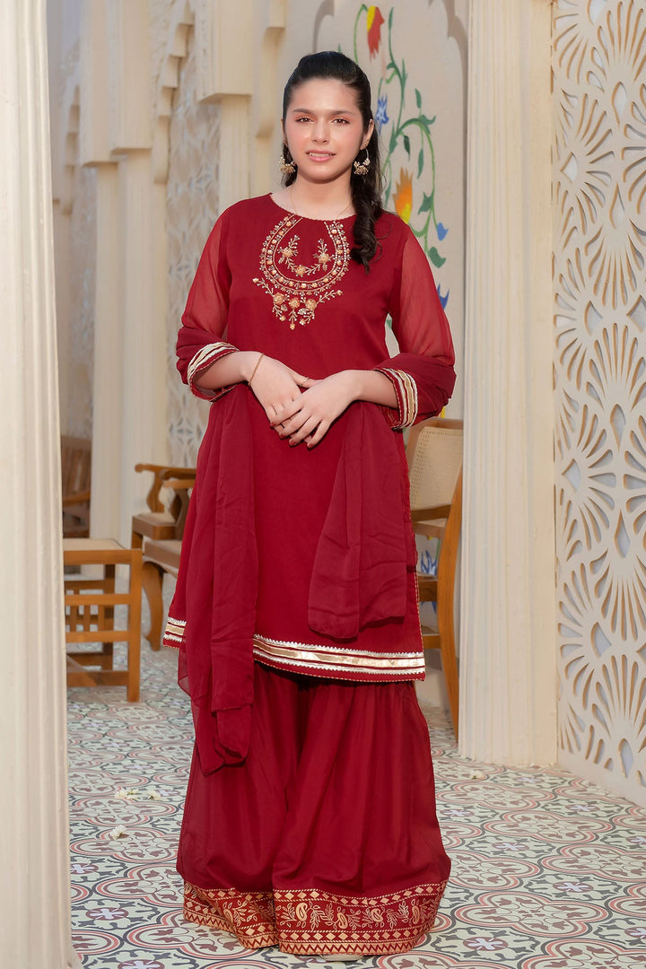Chiffon Hand Adda Work Maroon Stitched Suit - Ochre