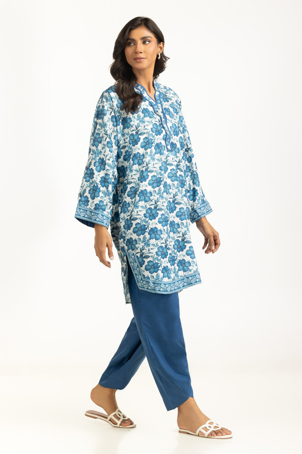 Cotton Viscose Printed White Blue Stitched Suit - Gul Ahmed