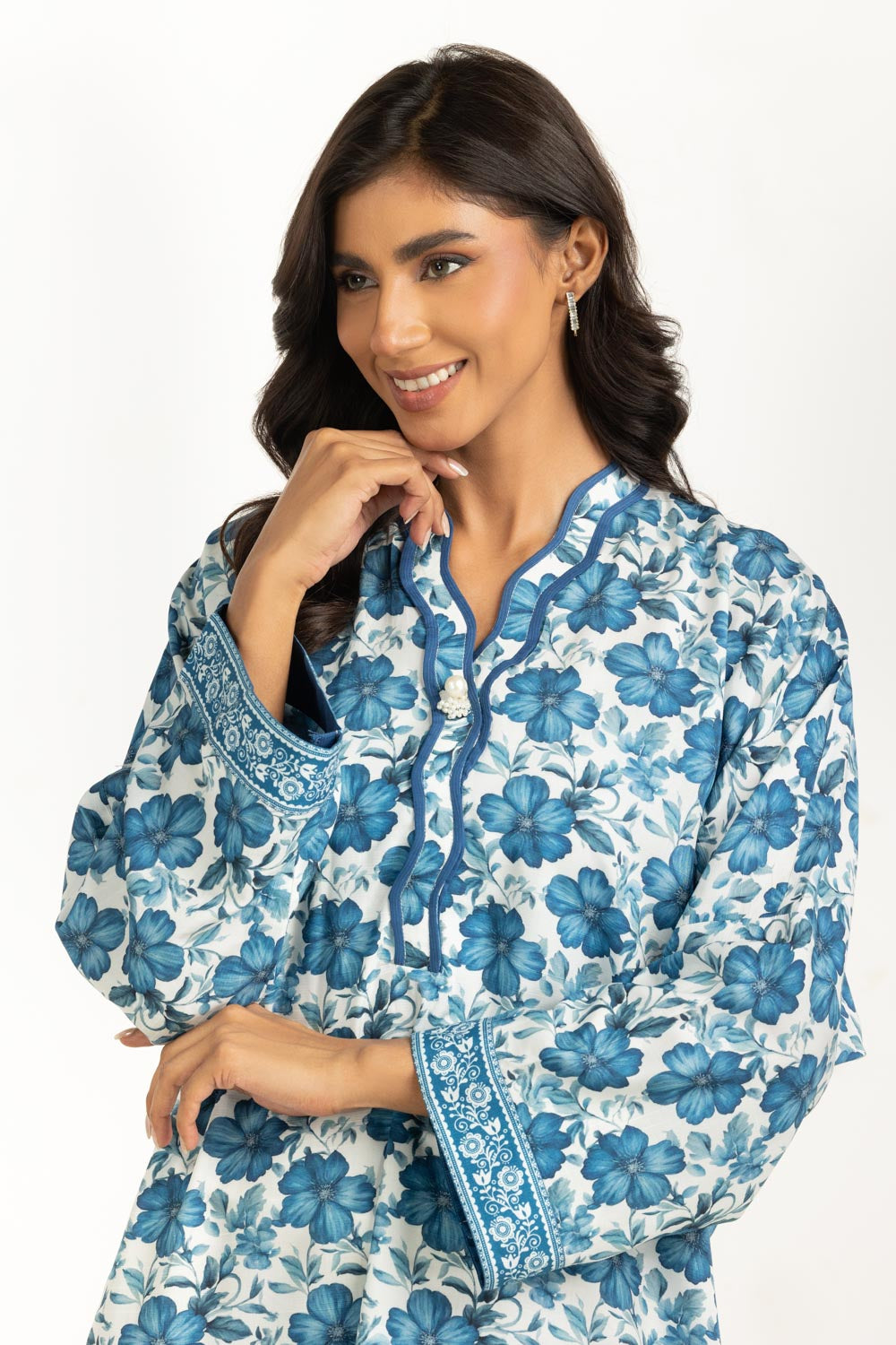 Cotton Viscose Printed White Blue Stitched Suit - Gul Ahmed