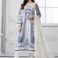 Embroidered Paper Cotton Blue & White Stitched Suit - Maria B Luxury Lawn
