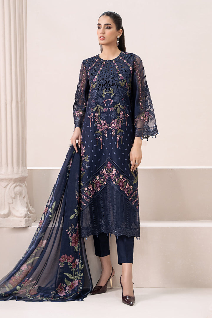 Embroidered Lawn Navy Blue Stitched Suit - Maria B