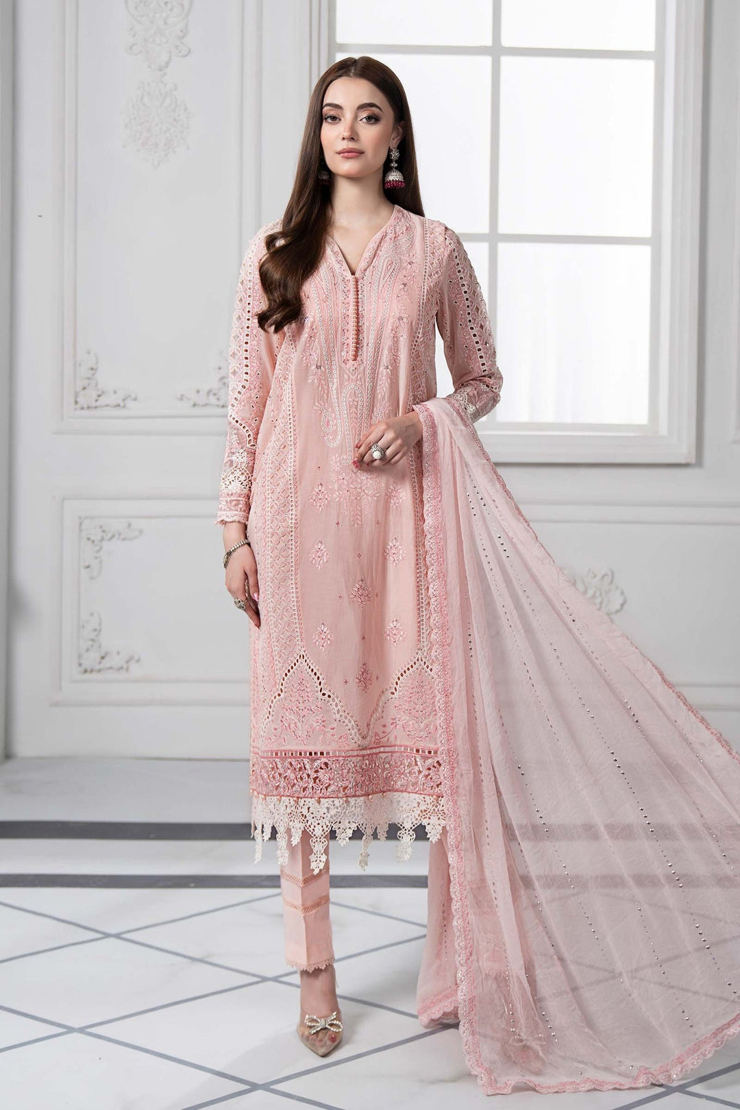 Embroidered Net Pink Stitched Suit - Maria B Luxury Lawn