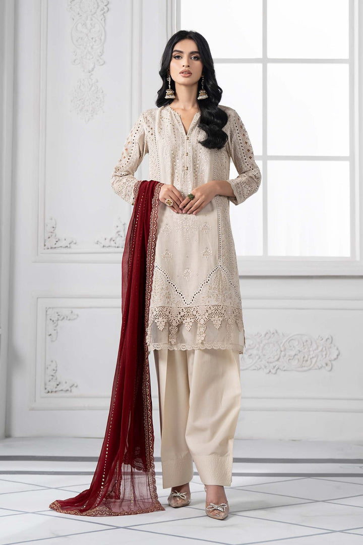 Embroidered Lawn Beige Stitched Suit - Maria B Luxury Lawn