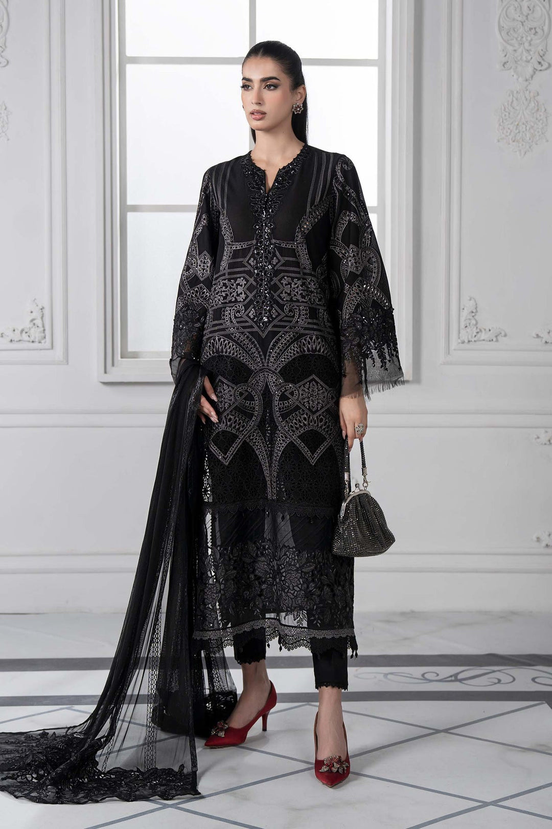 Embroidered Lawn Black Stitched Suit - Maria B Luxury Lawn