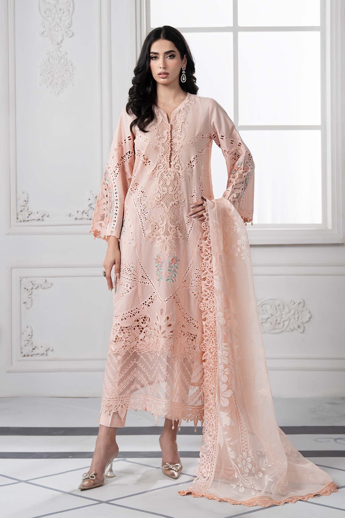 Embroidered Dobby Lawn Pink Stitched Suit - Maria B Luxury Lawn