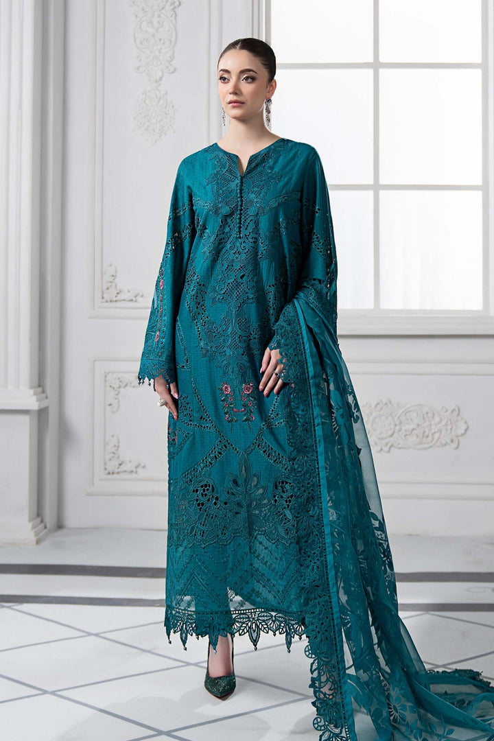 Embroidered Dobby Lawn Peacock Blue Stitched Suit - Maria B Luxury Lawn