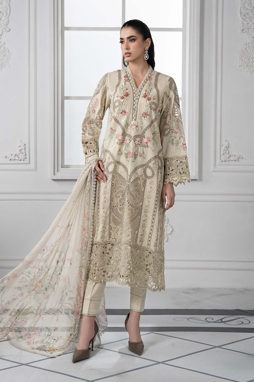 Embroidered Lawn Beige Stitched Suit - Maria B Luxury Lawn