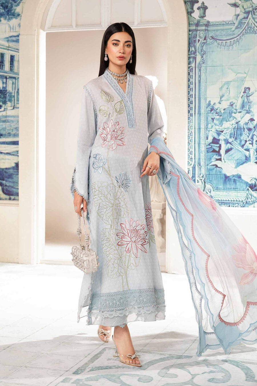 Dobby Lawn Sky Blue Stitched Suit - Maria B