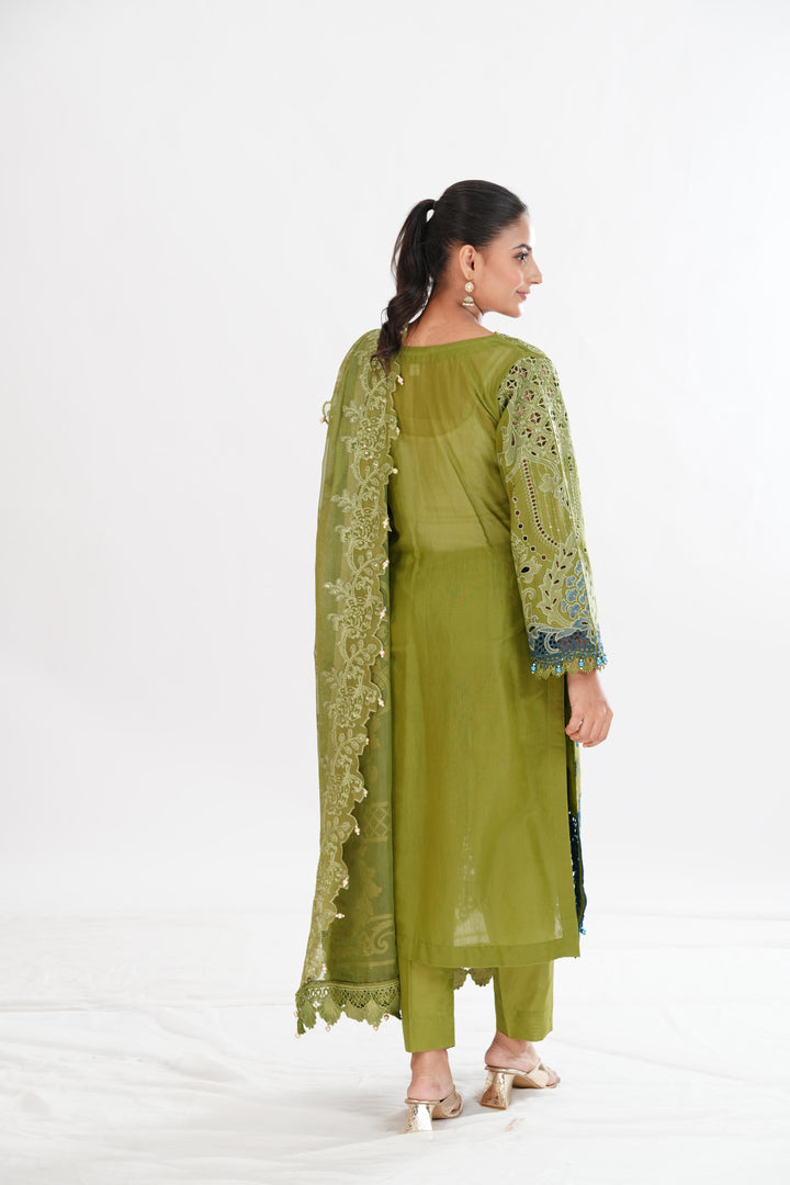Embroidered Paper Cotton Green Stitched Suit - Maria B Luxury Lawn