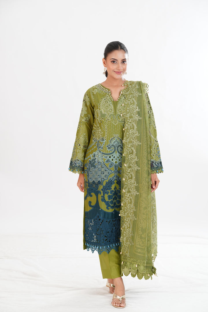 Embroidered Paper Cotton Green Stitched Suit - Maria B Luxury Lawn