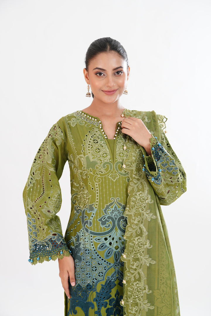 Embroidered Paper Cotton Green Stitched Suit - Maria B Luxury Lawn