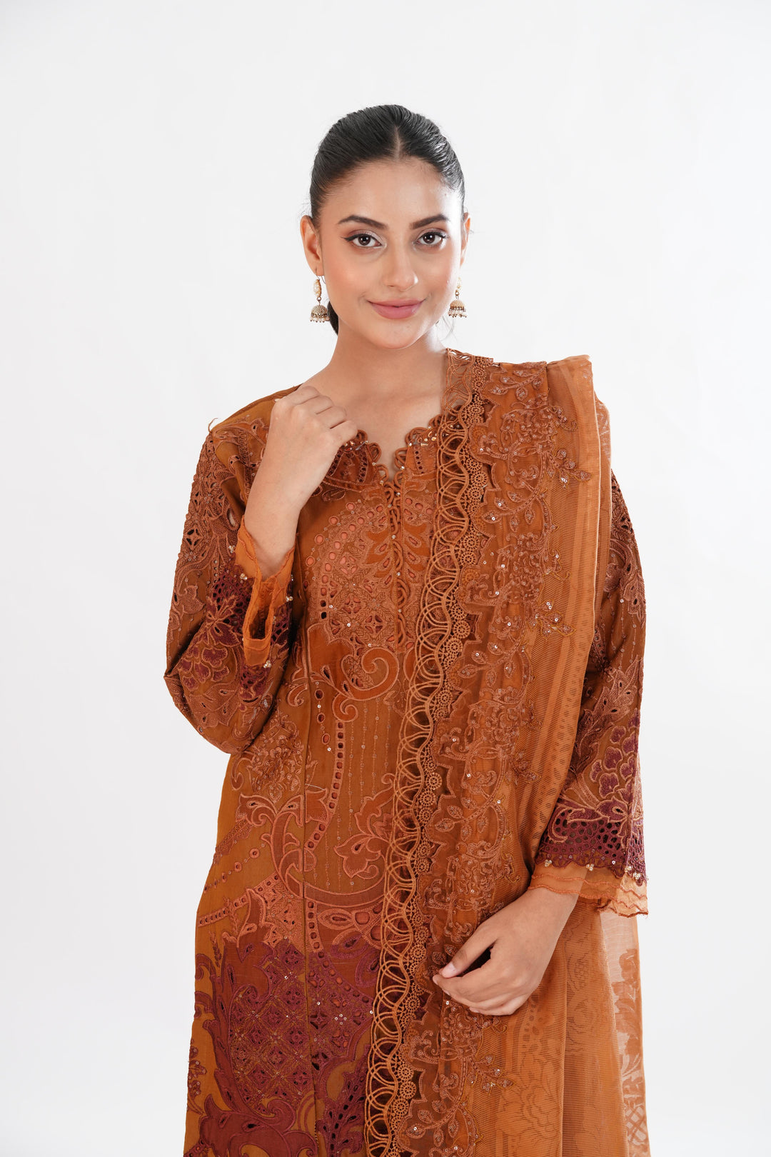 Embroidered Paper Cotton Brown Stitched Suit - Maria B Luxury Lawn