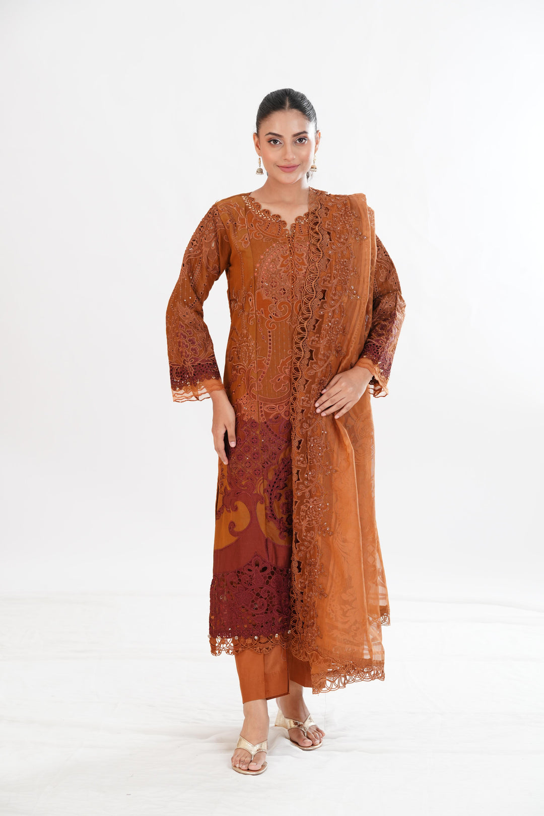 Embroidered Paper Cotton Brown Stitched Suit - Maria B Luxury Lawn