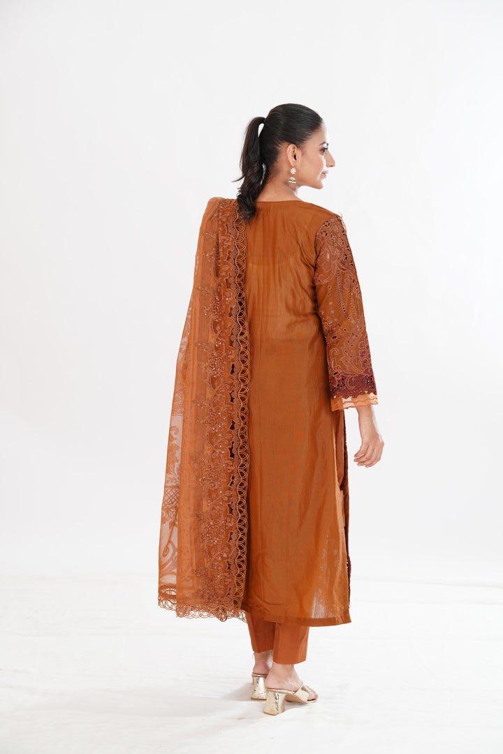 Embroidered Paper Cotton Brown Stitched Suit - Maria B Luxury Lawn